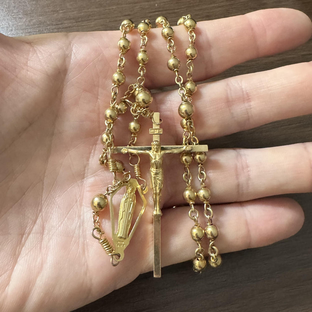 14k Yellow Gold 44g Vintage Long Beaded Crucifix Rosary Necklace 30"
