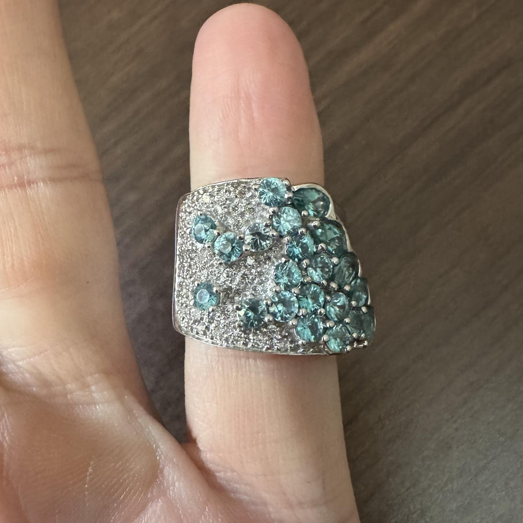 Sonia B 14k White Gold Aquamarine and Diamond 16g Heavy Wrap Ring Size 7