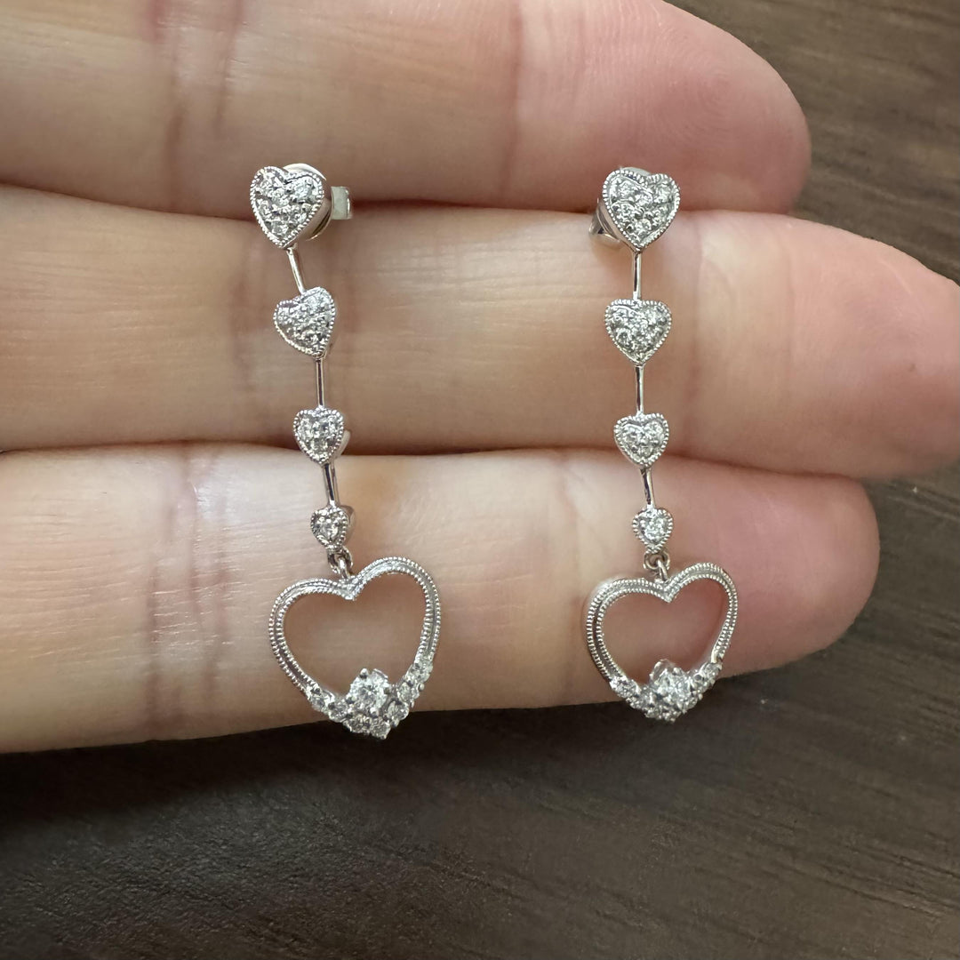 18k White Gold and 0.50cttw Diamond Heart Dangle Drop Earrings 1.5"