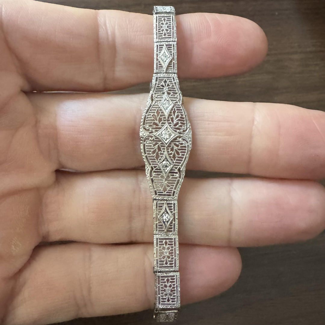 14k White Gold and Diamond Vintage Intricate Filigree Bracelet 7.25"