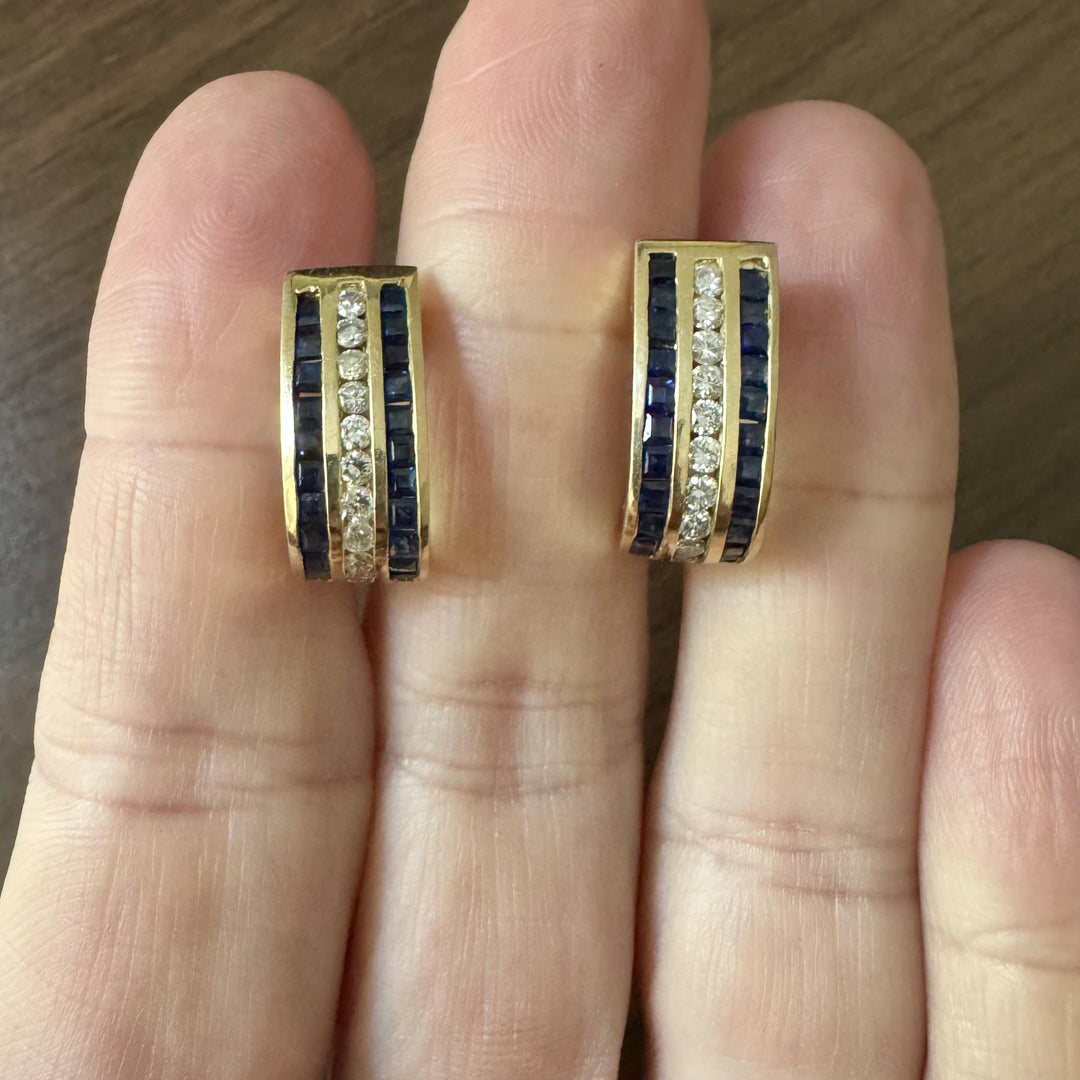 14k Yellow Gold Blue Sapphire and Diamond 9g Huggie Earrings