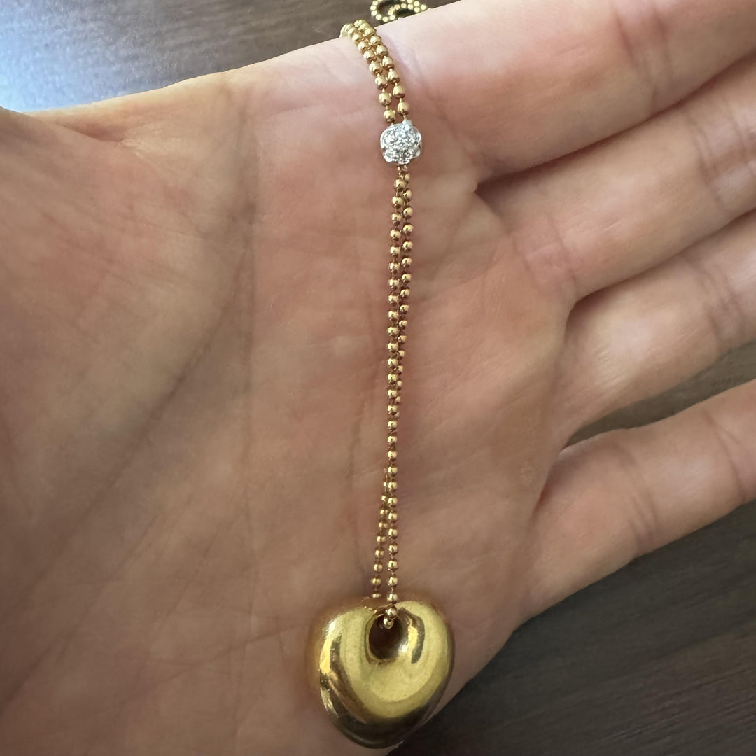 18k Yellow Gold and Diamond Station Ball Necklace and Puffy Heart Pendant 30"