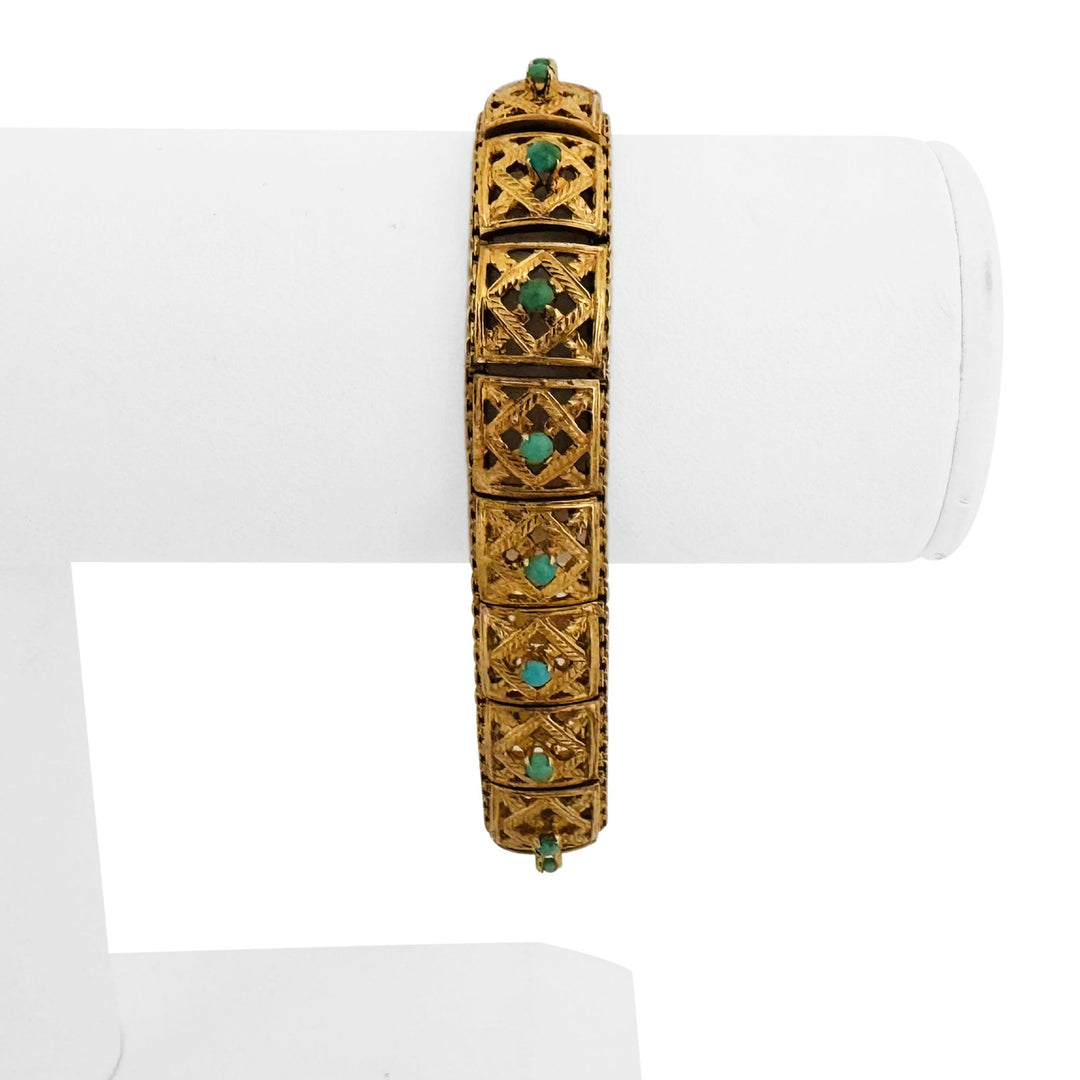 18k Yellow Gold 37.4g Solid Vintage Turquoise Square Link Bracelet 7.25"