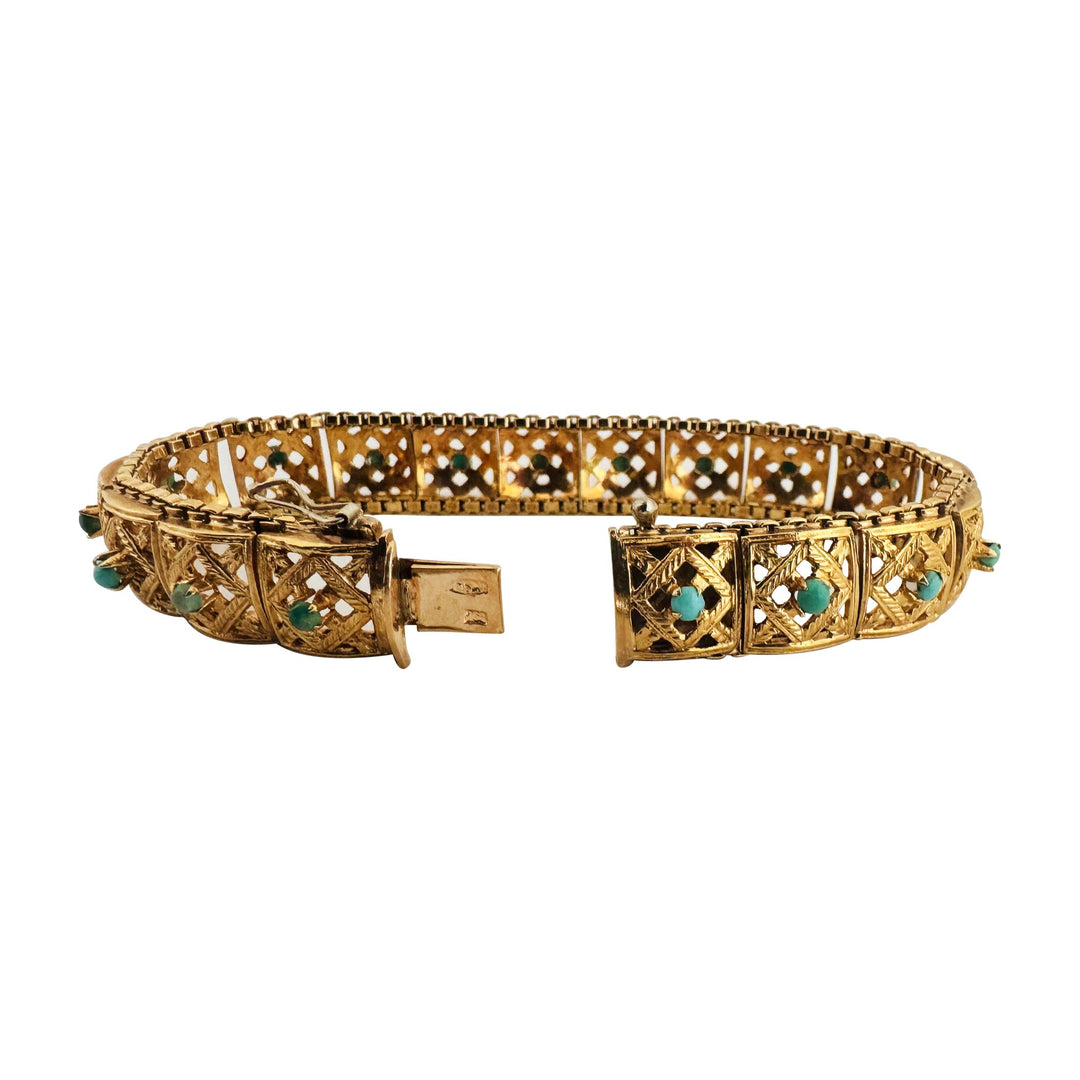 18k Yellow Gold 37.4g Solid Vintage Turquoise Square Link Bracelet 7.25"