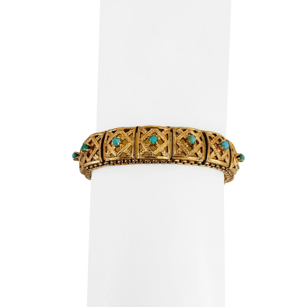 18k Yellow Gold 37.4g Solid Vintage Turquoise Square Link Bracelet 7.25"