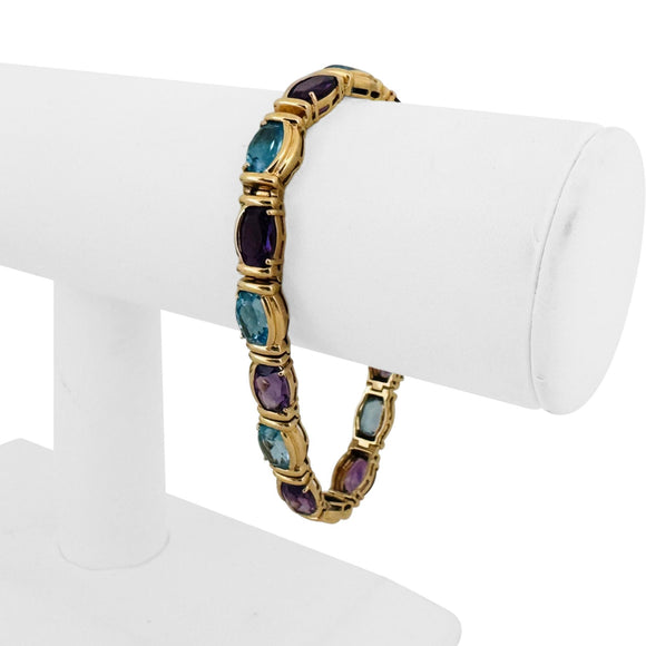 14k Yellow Gold 22.4g Solid Amethyst and Topaz Link Bracelet 7.25