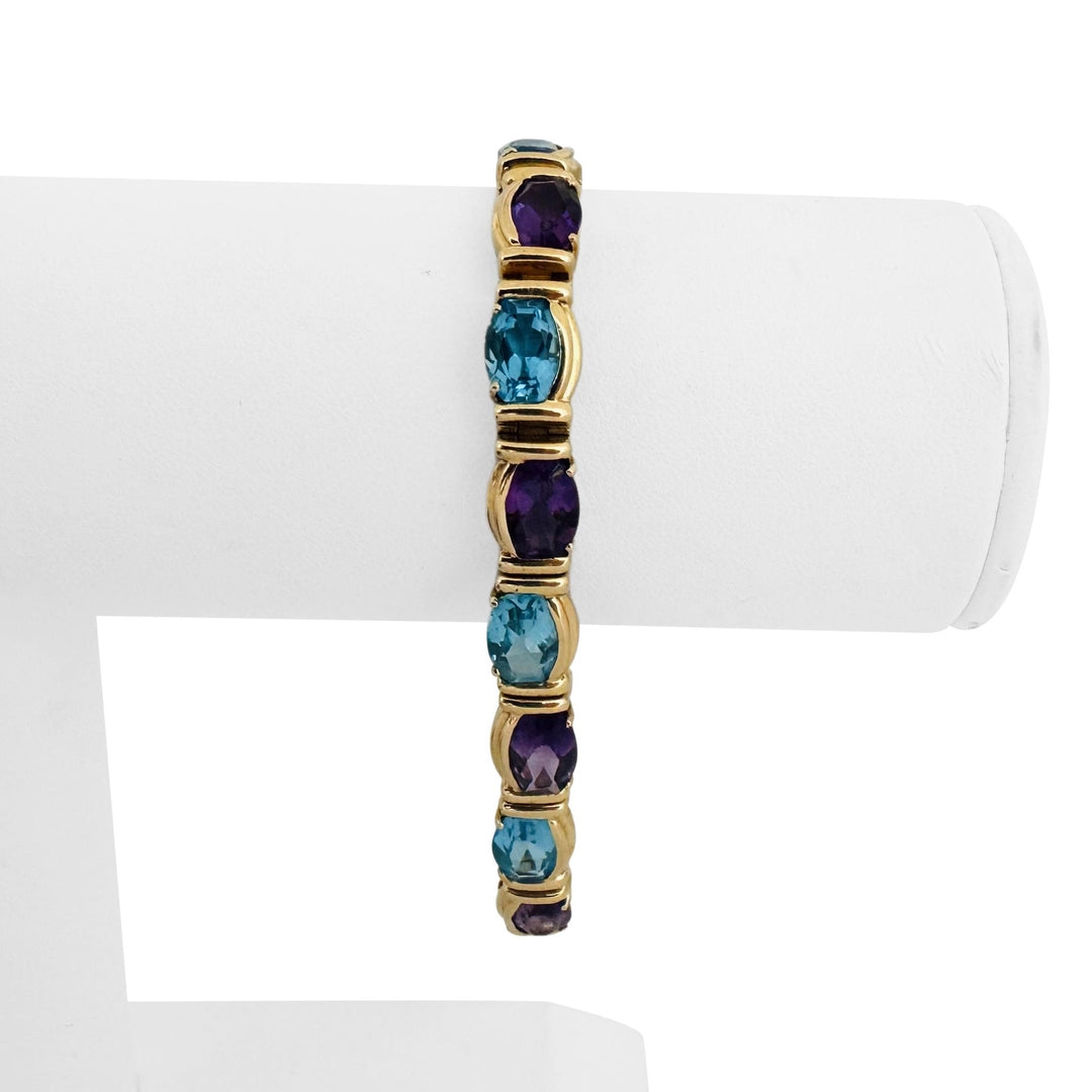 14k Yellow Gold 22.4g Solid Amethyst and Topaz Link Bracelet 7.25"