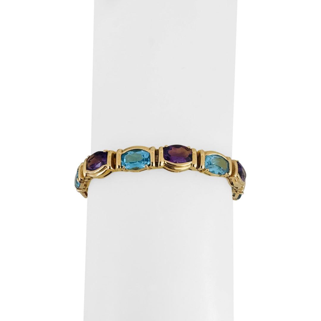 14k Yellow Gold 22.4g Solid Amethyst and Topaz Link Bracelet 7.25"