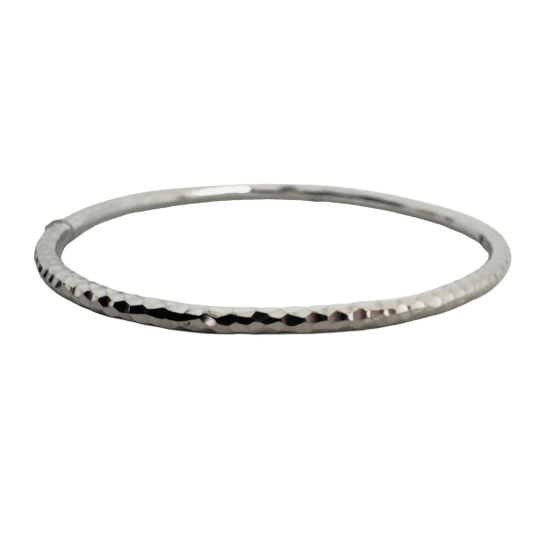 14k White Gold 5.7g Hammered Textured 3mm Fancy Bangle Bracelet Italy 7"
