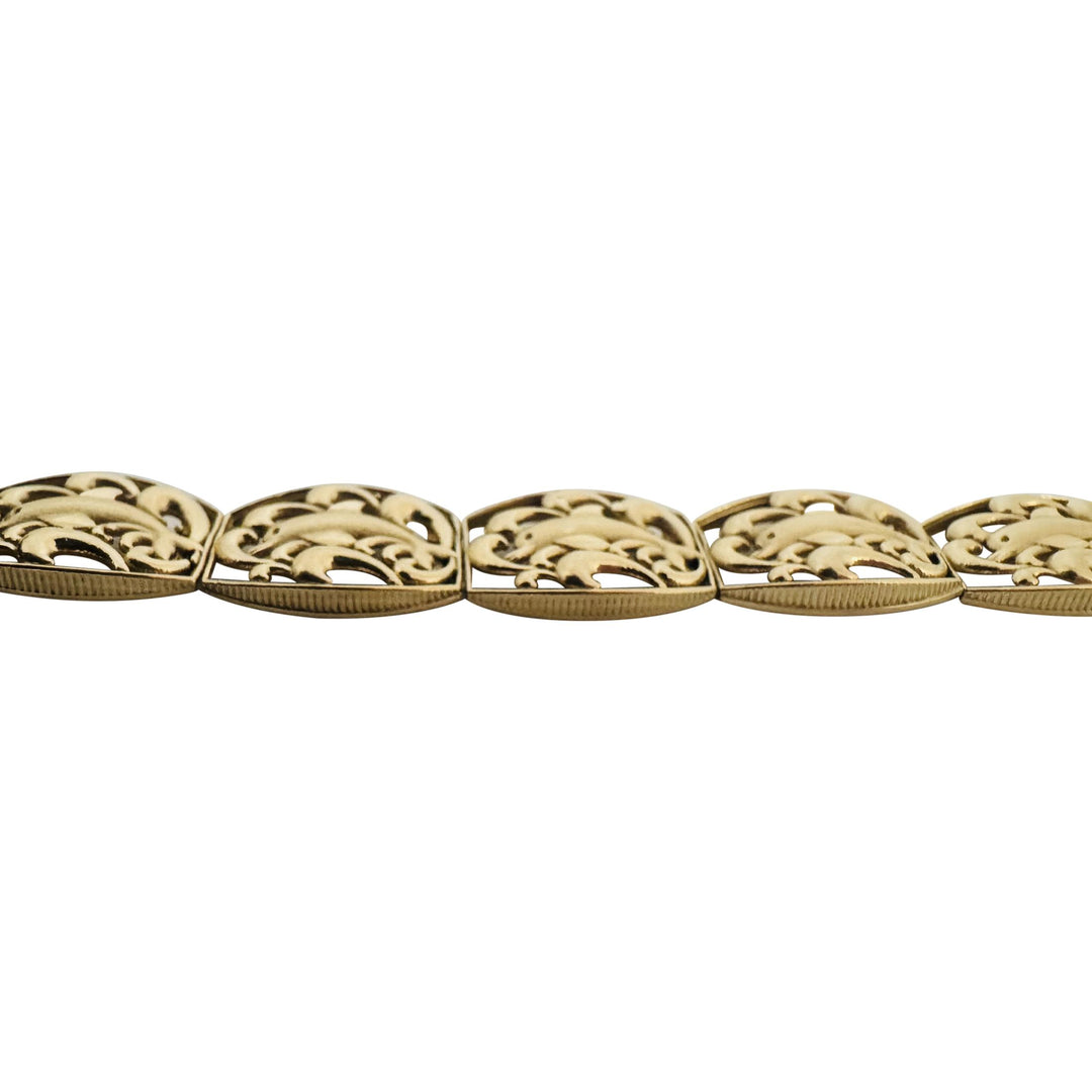 14k Yellow Gold 11g Solid Vintage 10mm Dolphin Panel Link Bracelet 7.25"