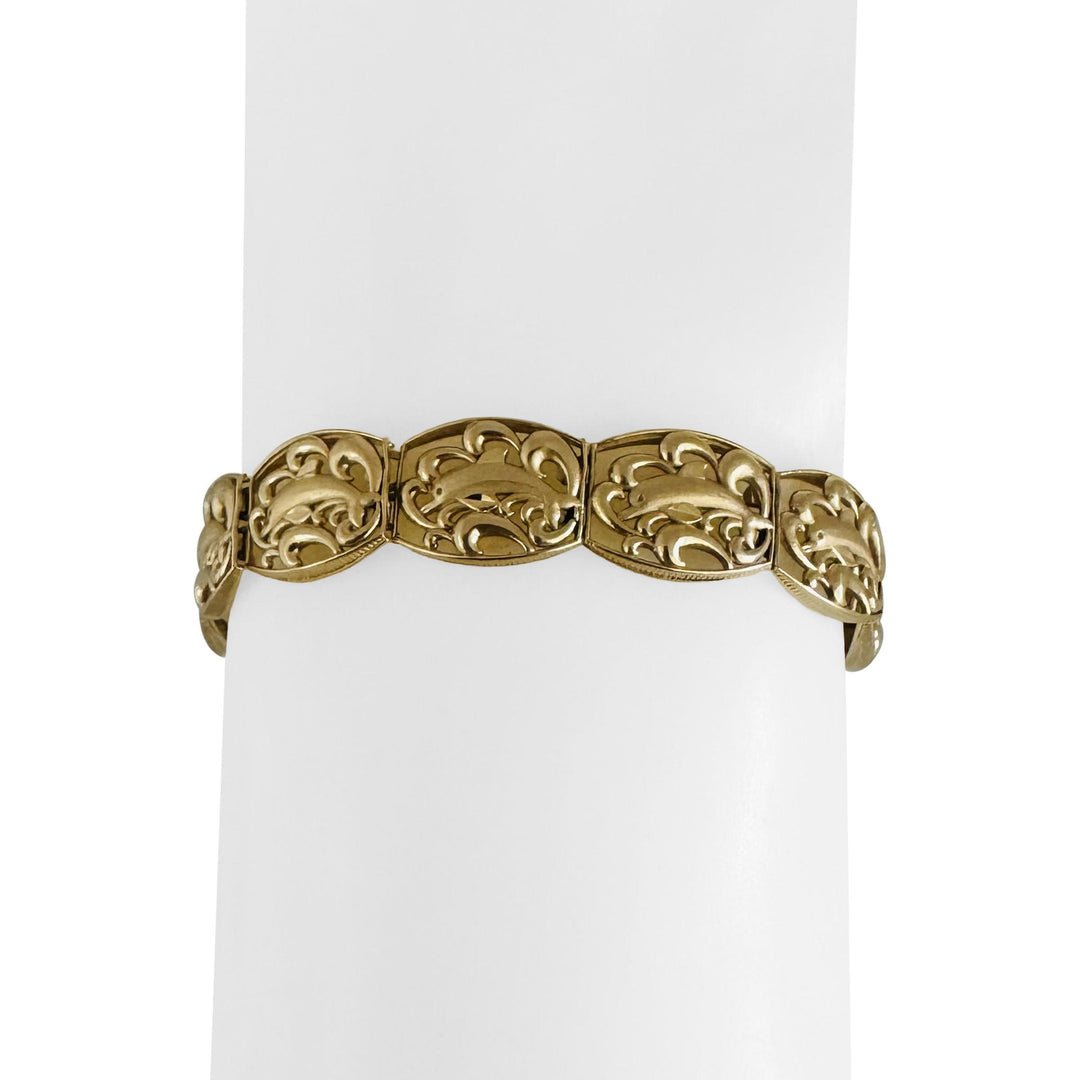 14k Yellow Gold 11g Solid Vintage 10mm Dolphin Panel Link Bracelet 7.25"