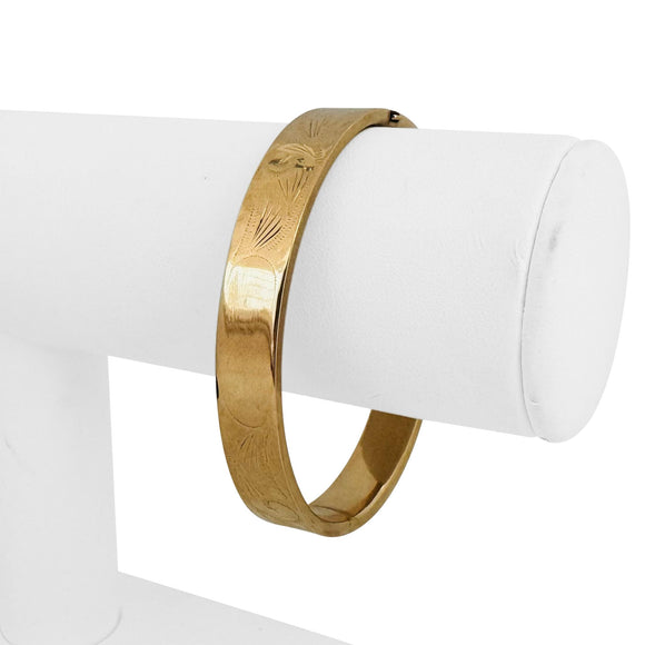14k Yellow Gold 13.9g Ladies Flat Edge Engraved and Polished Bangle Bracelet 7