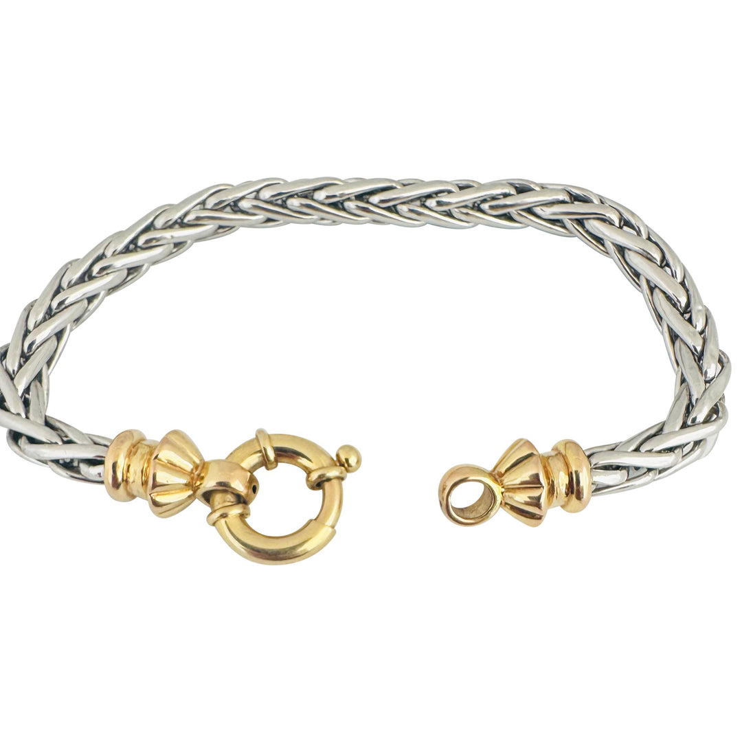14k White and Yellow Gold 11.8g Two Tone Wheat Bracelet Italy 7.5"