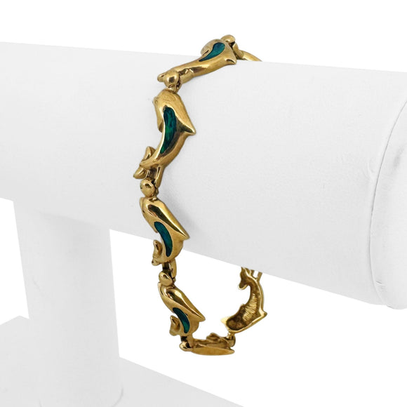 14k Yellow Gold and Opal 16.5g Solid Dolphin Link Bracelet 7