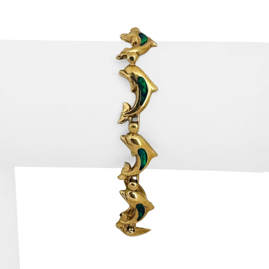 14k Yellow Gold and Opal 16.5g Solid Dolphin Link Bracelet 7"
