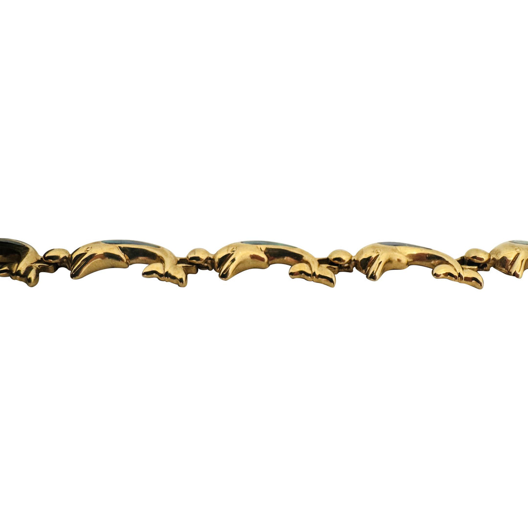 14k Yellow Gold and Opal 16.5g Solid Dolphin Link Bracelet 7"