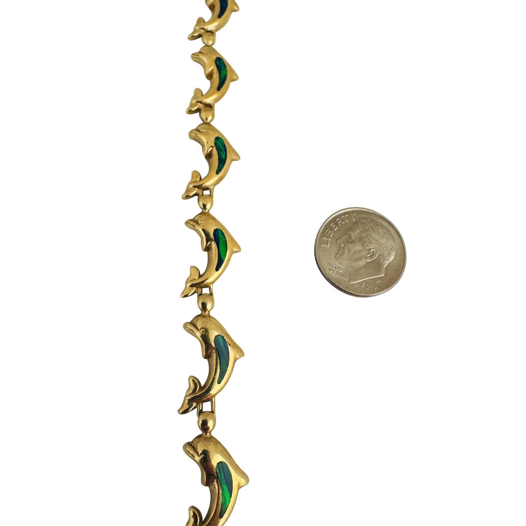 14k Yellow Gold and Opal 16.5g Solid Dolphin Link Bracelet 7"