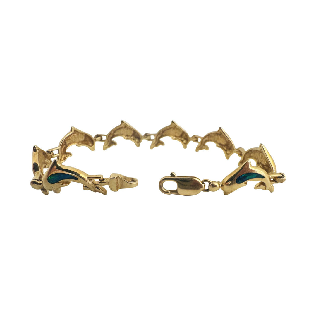 14k Yellow Gold and Opal 16.5g Solid Dolphin Link Bracelet 7"