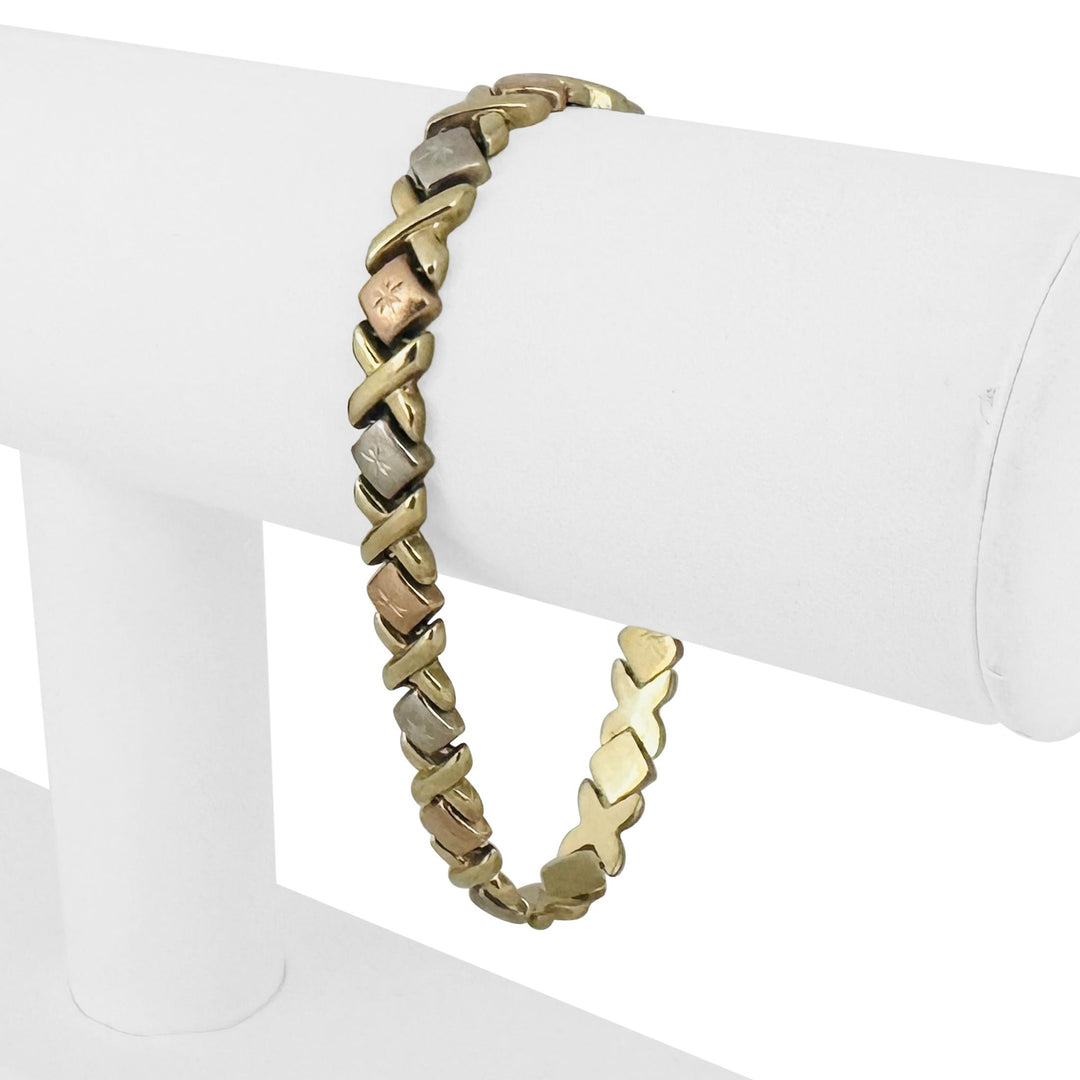 14k Yellow White and Rose Gold 7.9g XO Hugs and Kisses Link Bracelet 7.25"