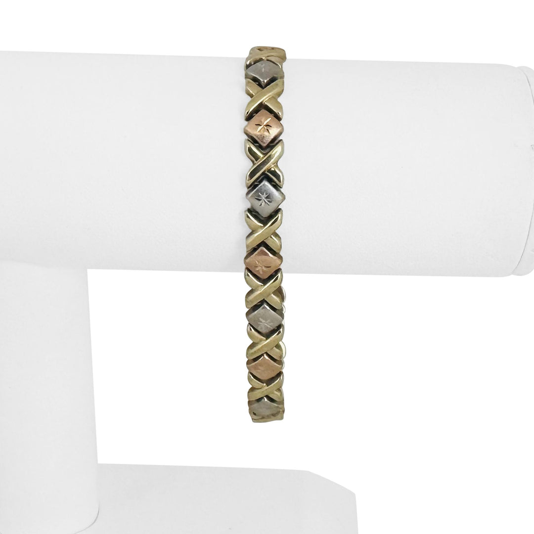 14k Yellow White and Rose Gold 7.9g XO Hugs and Kisses Link Bracelet 7.25"