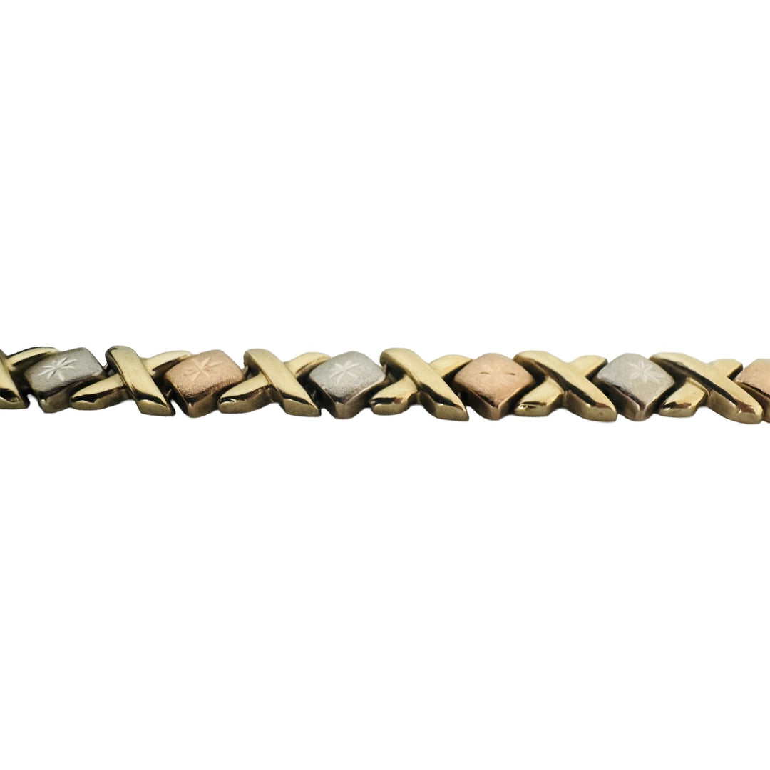 14k Yellow White and Rose Gold 7.9g XO Hugs and Kisses Link Bracelet 7.25"