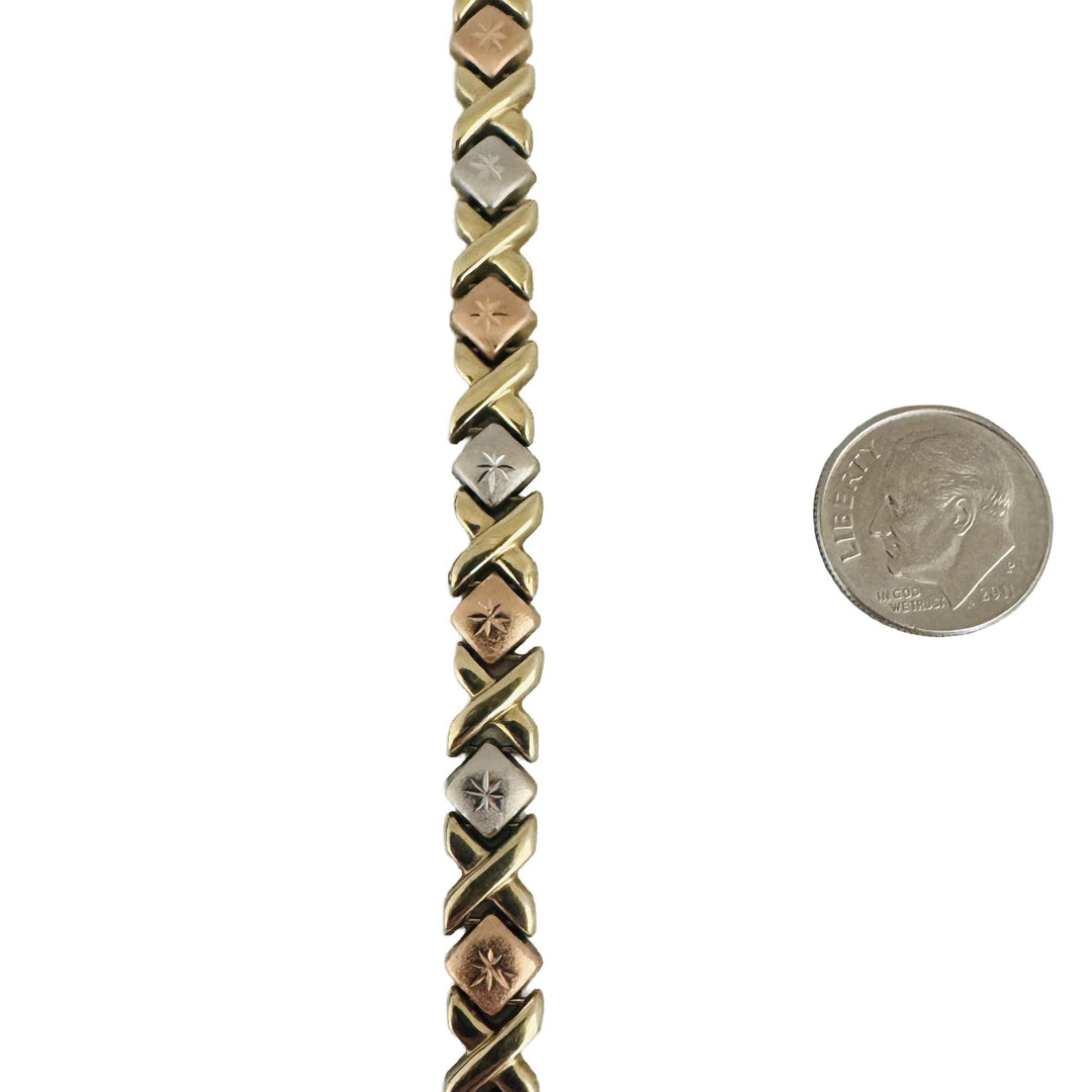 14k Yellow White and Rose Gold 7.9g XO Hugs and Kisses Link Bracelet 7.25"
