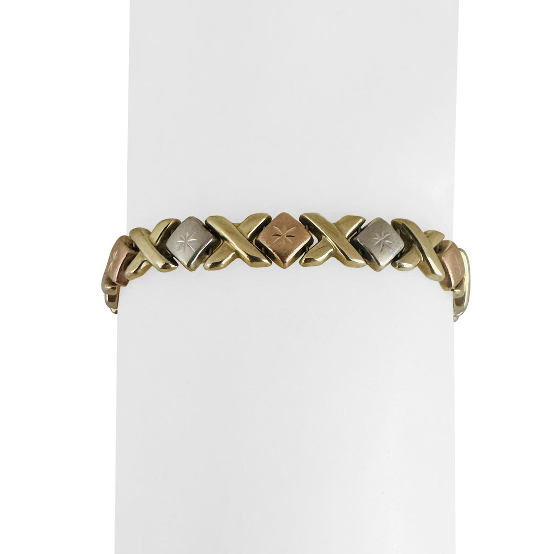 14k Yellow White and Rose Gold 7.9g XO Hugs and Kisses Link Bracelet 7.25"