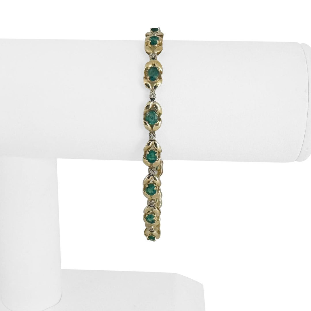 14k Yellow Gold Emerald and Diamond Fancy Link Bracelet 7.25"