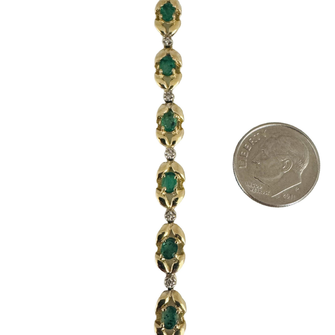 14k Yellow Gold Emerald and Diamond Fancy Link Bracelet 7.25"