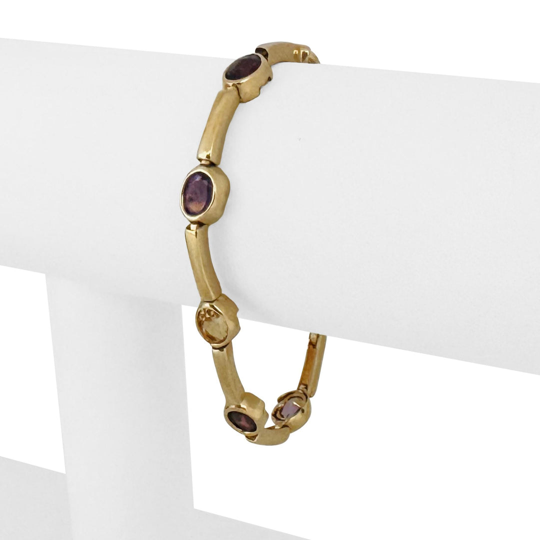 14k Yellow Gold 10.7g Oval Cut Bezel Set Multi Gemstone Bar Link Bracelet 6.5"