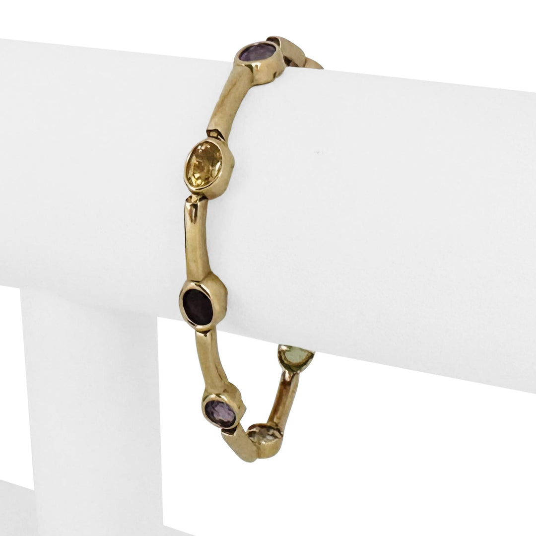 14k Yellow Gold 10.7g Oval Cut Bezel Set Multi Gemstone Bar Link Bracelet 6.5"
