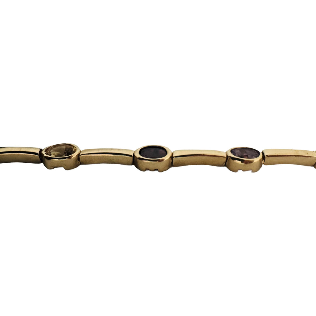 14k Yellow Gold 10.7g Oval Cut Bezel Set Multi Gemstone Bar Link Bracelet 6.5"
