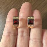 14k Yellow Gold Red Garnet and Diamond Vintage Huggie Earrings