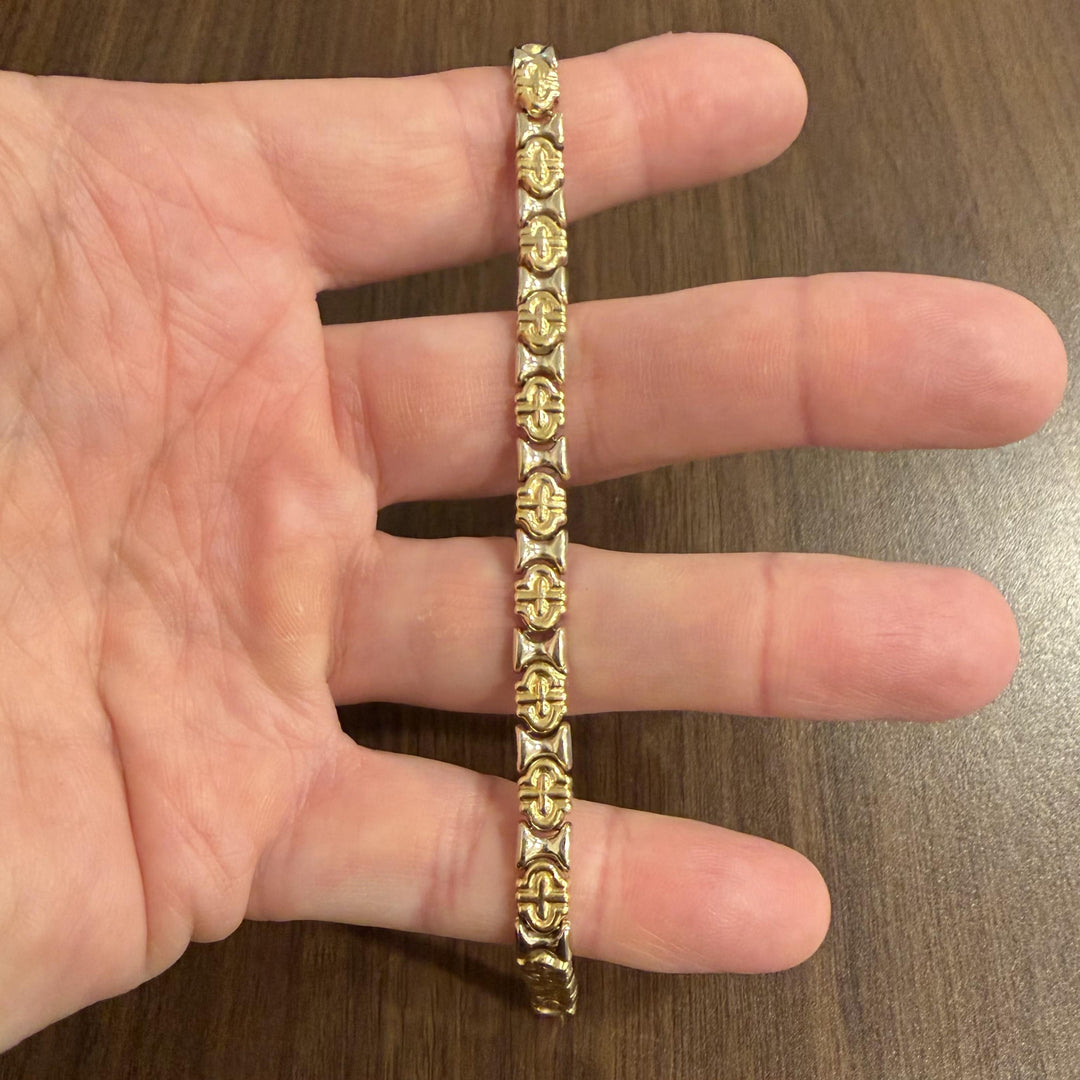18k Yellow and White Gold 12.3g Vintage 6mm Fancy Link Bracelet Italy 7.5"