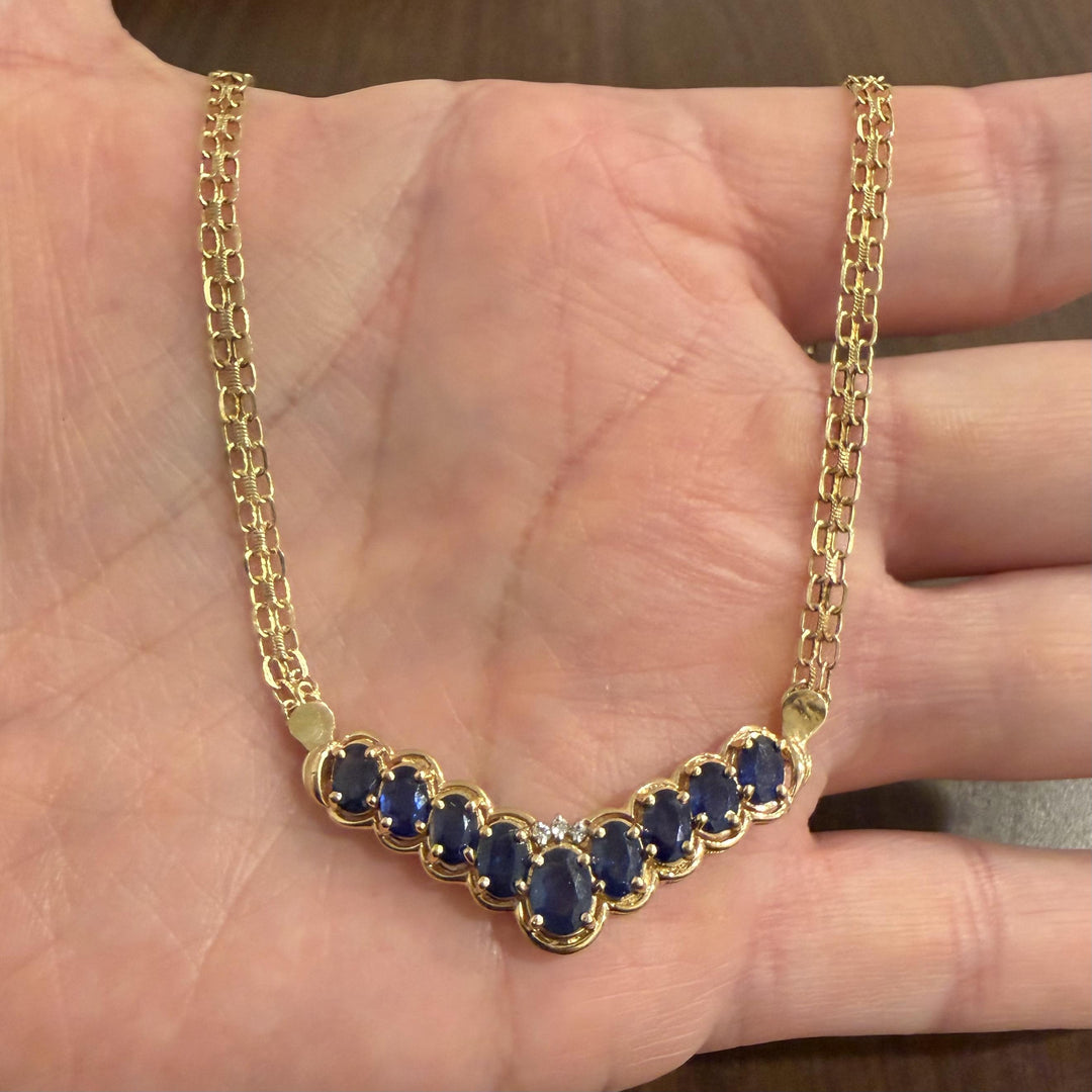 14k Yellow Gold Sapphire and Diamond Bismark Link Pendant Necklace Italy 17.5"