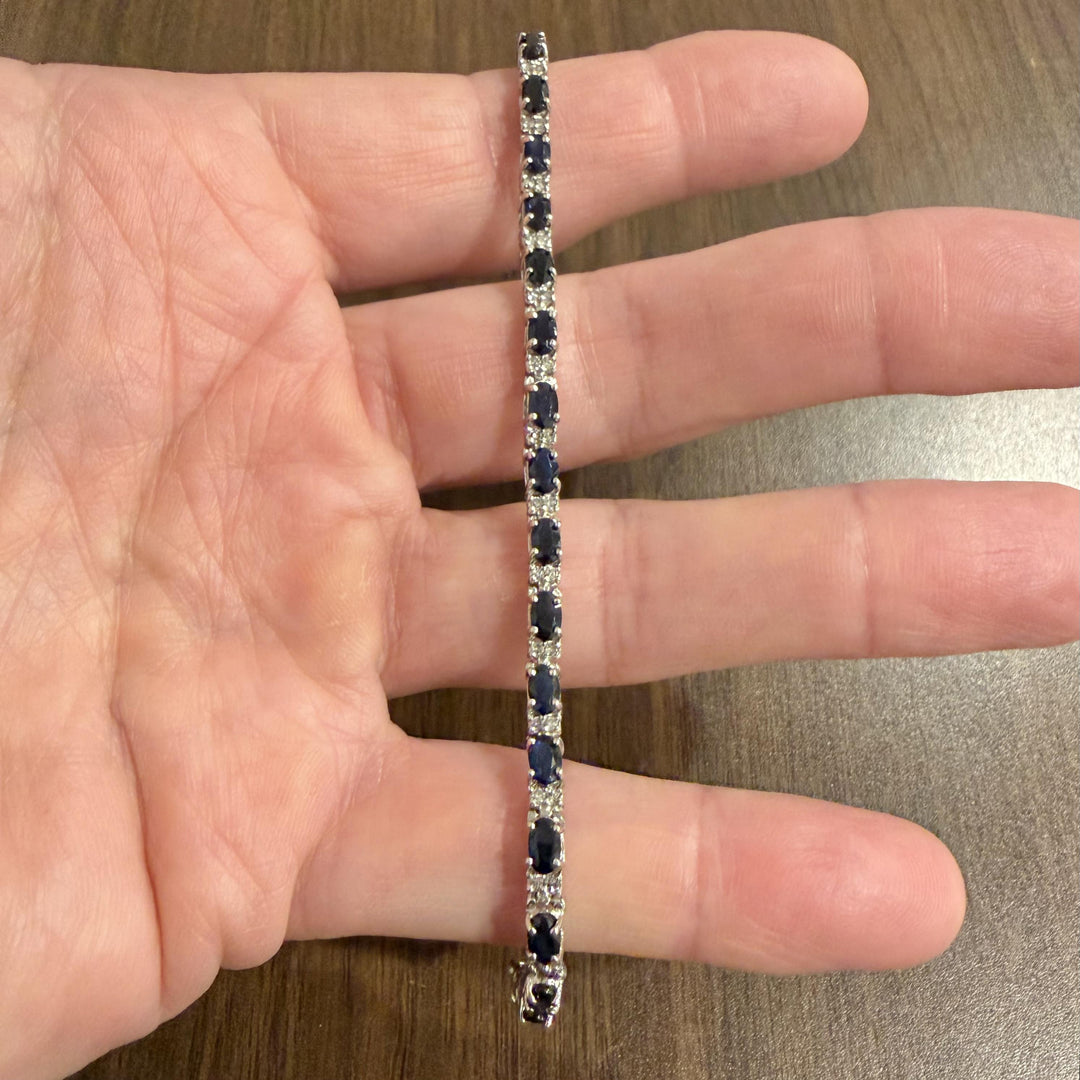 14k White Gold Sapphire and Diamond Ladies Tennis Link Bracelet 7"