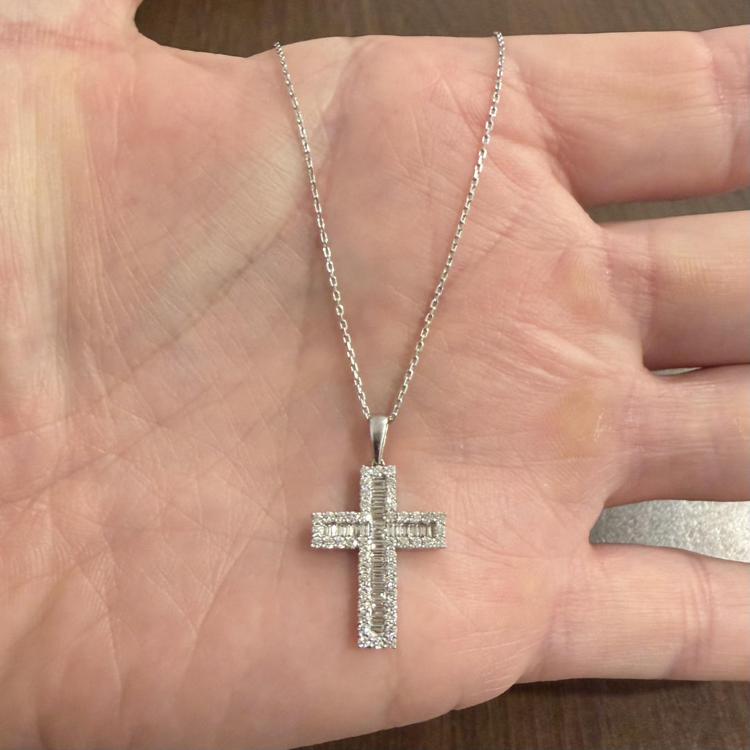 14k White Gold 0.75cttw Round and Baguette Diamond Cross Pendant Necklace 20"