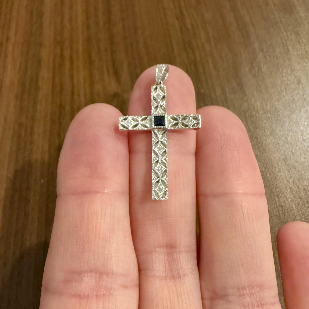14k White Gold Sapphire and Diamond Vintage Filigree Cross Pendant 1.5"