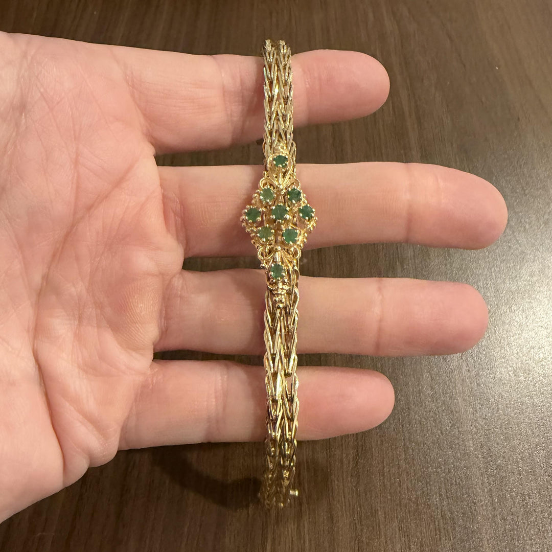 14k Yellow Gold and Emerald 21.3g Solid Chevon Link Bracelet 7"