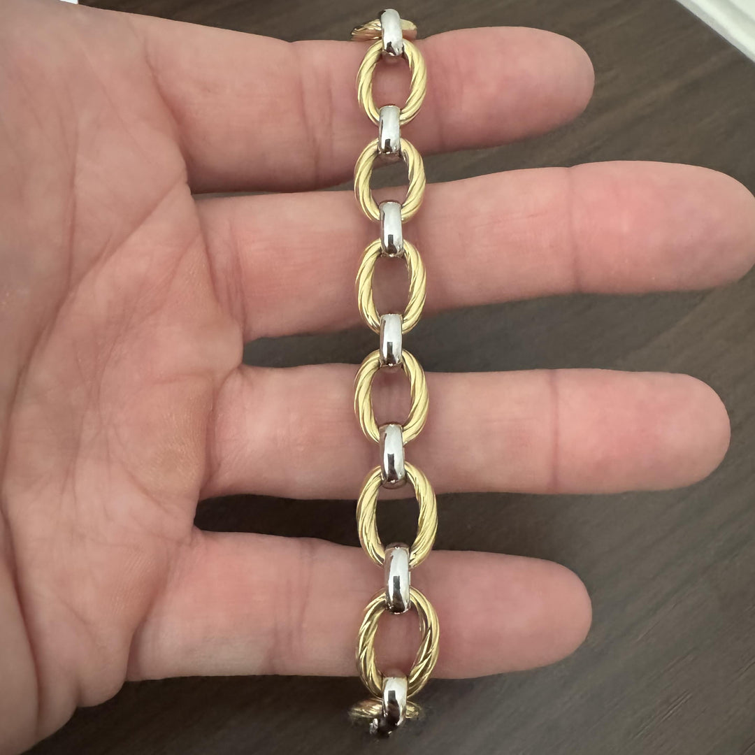 18k Yellow and White Gold 16.7g Two Tone Ladies Fancy Link Bracelet Italy 7"