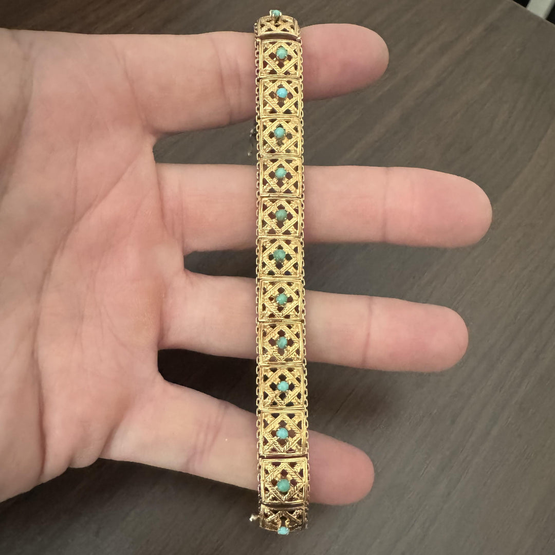 18k Yellow Gold 37.4g Solid Vintage Turquoise Square Link Bracelet 7.25"