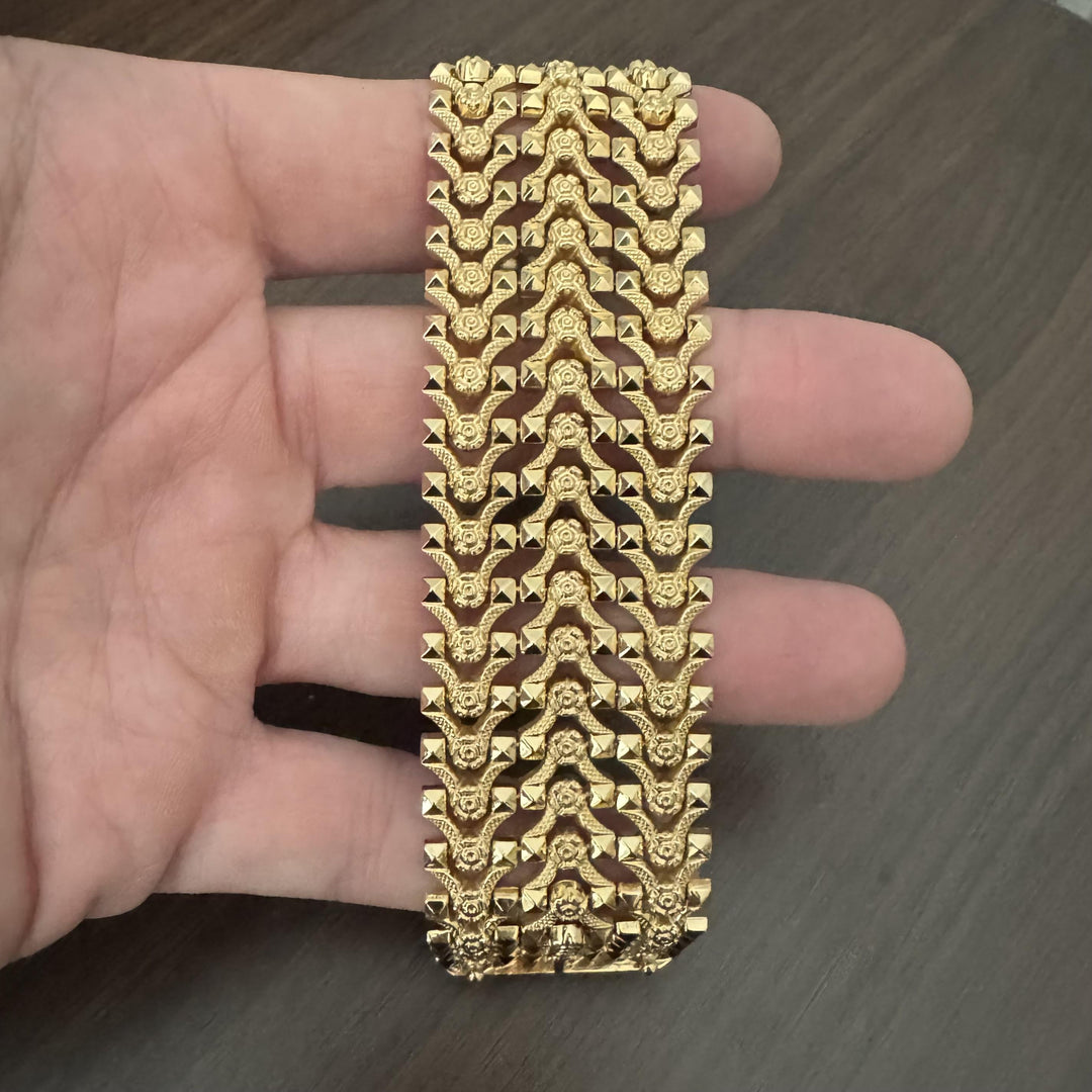 18k Yellow Gold 48.5g Heavy Wide 34mm Vintage Fancy Link Bracelet Italy 7.25"