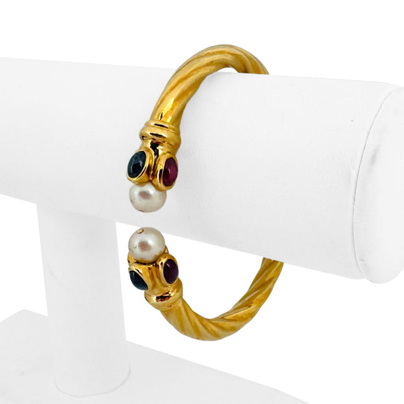 18k Yellow Gold Pearl and Cabochon Gemstones Spiral Bangle Bracelet Italy 6.75