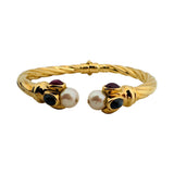 18k Yellow Gold Pearl and Cabochon Gemstones Spiral Bangle Bracelet Italy 6.75"