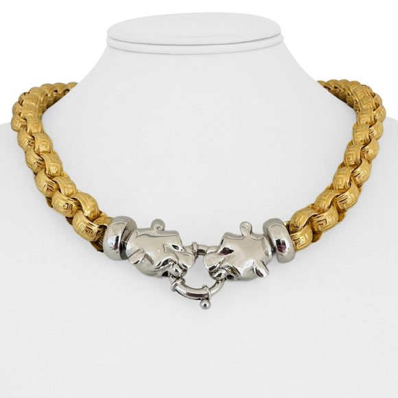 18k Two Tone Gold 55g Thick Hollow Panther Clasp Greek Key Necklace Italy 20