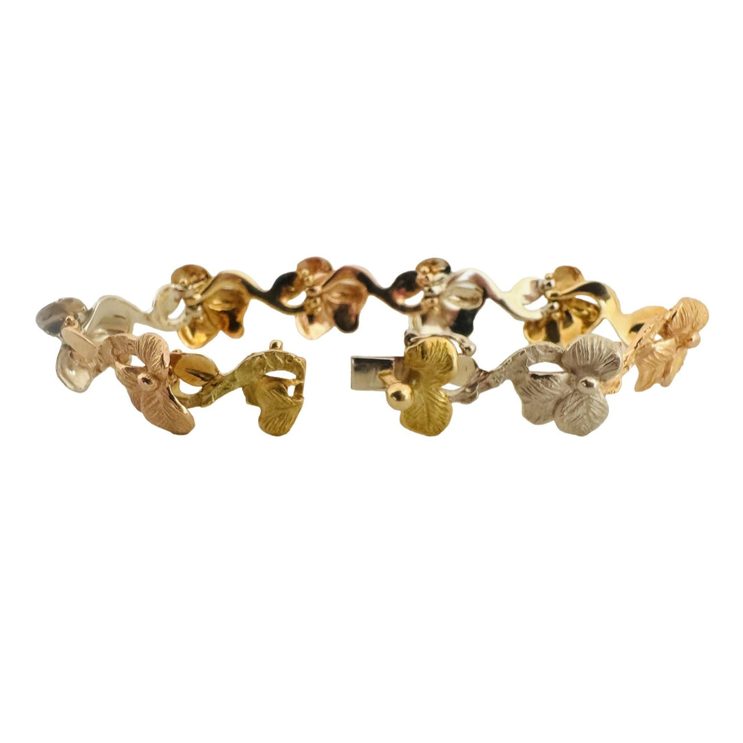 18k Yellow White and Rose Gold 23.5g Solid Floral Link Bracelet Italy 6.75"