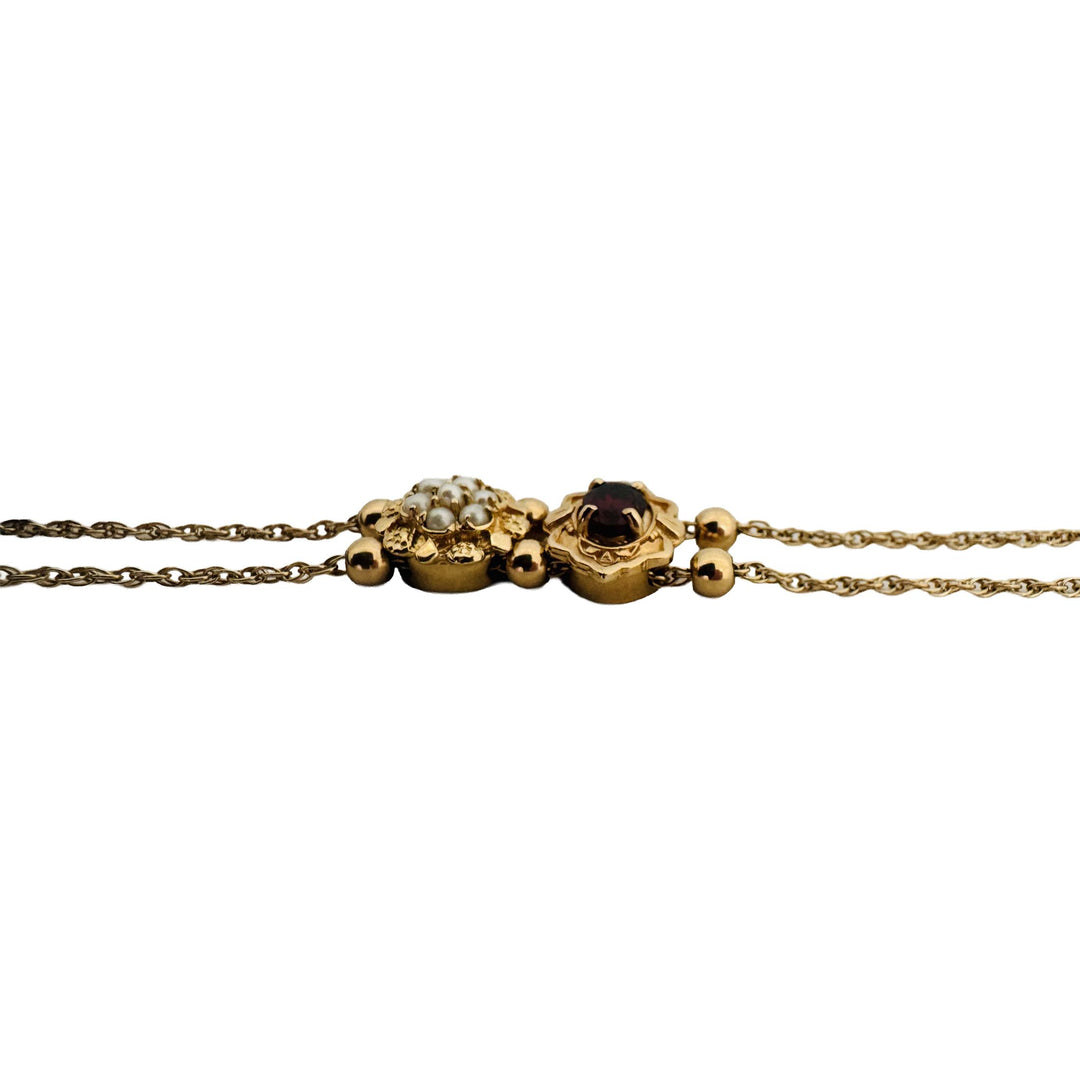 14k Yellow Gold 9.6g Ladies Garnet and Pearl Two Slide Charm Bracelet 7"