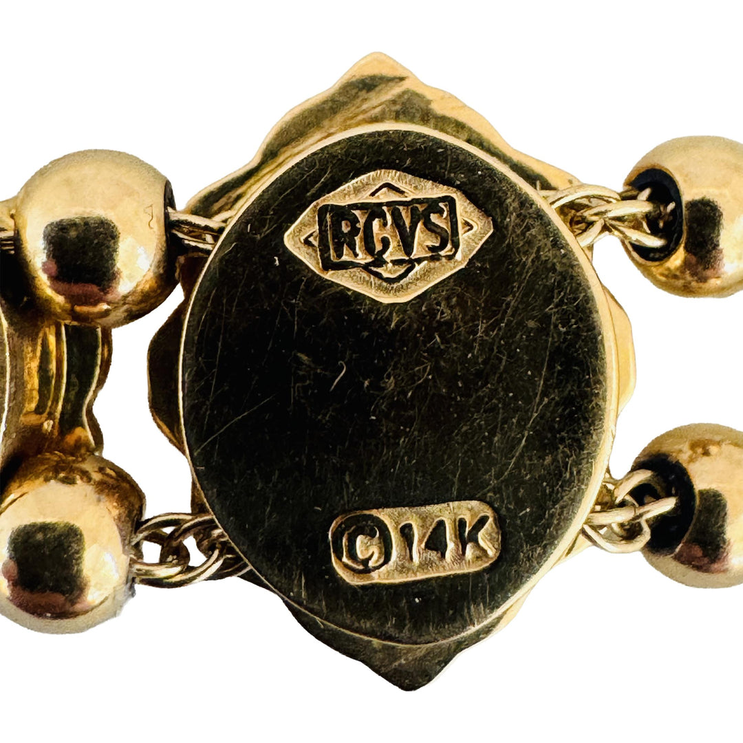 14k Yellow Gold 9.6g Ladies Garnet and Pearl Two Slide Charm Bracelet 7"