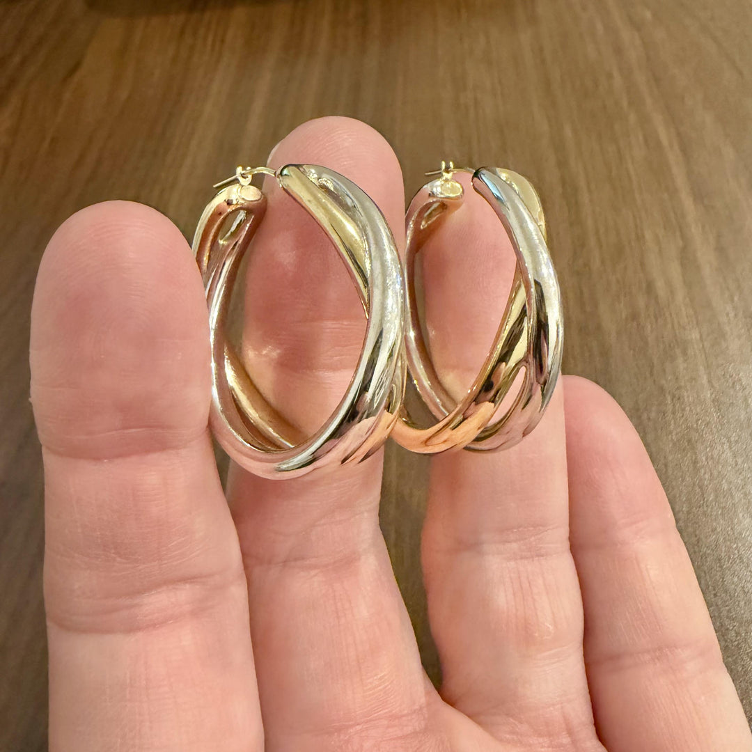 14k Yellow and White Gold 6.6g Polished Crossover Hoop Earrings 1.5"