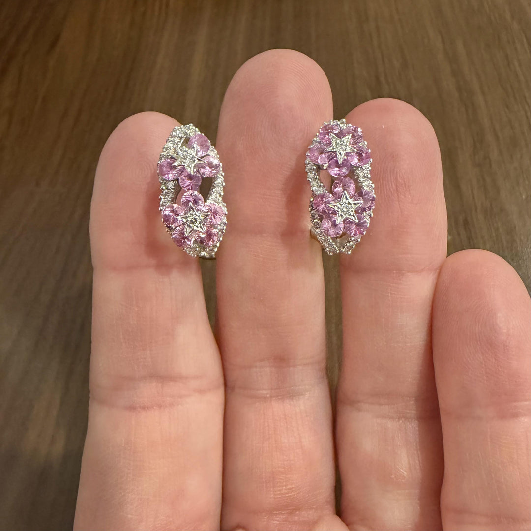 18k White Gold Pink Sapphire and 0.75cttw Hoop Huggie Earrings